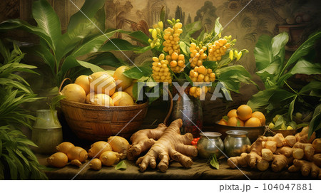 Drawing with ginger and fruit in Asian market, vintage style, still life 104047881