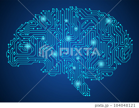 Brain with circuit board texture. Digital concept. Circuit board computer style brain. Stylized mind technology. Artificial intelligence in Brain shape 104048121