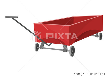 Garden cart cartoon or farm wheelbarrow icon. Gardening, farming concept. Equipment of garden cart or garden wagon, vector illustration on white background 104048131