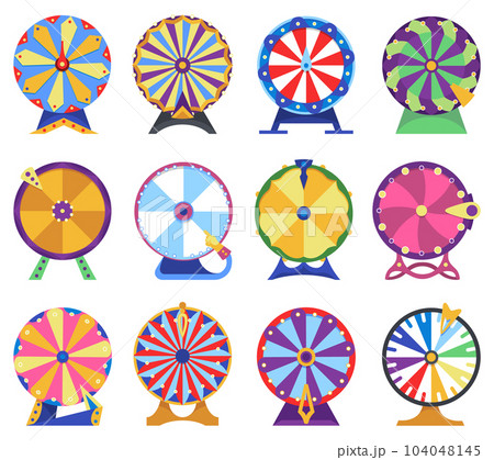 Wheel fortune set. Roulette game wheels with sections, flat icons. Spin lucky wheels, casino, money game symbols. Isolated vector illustration 104048145