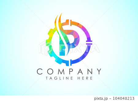 Initial low poly alphabet with gear pipe and flame. Oil and gas logo concept Initial low poly alphabet with gear pipe and flame. Oil and gas logo concept 104048213