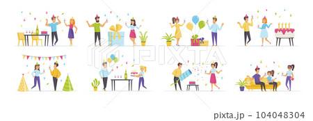 Birthday party set with people characters in various scenes. Cheerful friends celebrating anniversary with cake. Bundle of family holiday in flat style. Festive event with gifts and decoration. 104048304