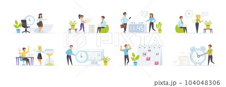 Time management set with people characters in various situations. Deadline and pressure at work, businesspeople working overtime in office. Bundle of rush work and stress at workplace in flat style 104048306