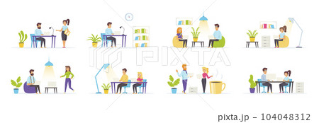 Coworking space set with people characters in various scenes and situations. Young male and female freelancers sitting at computers in co-working area. Bundle of shared work space in flat style. 104048312