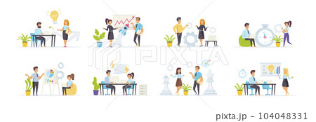 Brainstorming and creativity set with people characters in various scenes and situations. Business idea presentation, new solution or startup discussion. Bundle of colleagues cooperation in flat style 104048331