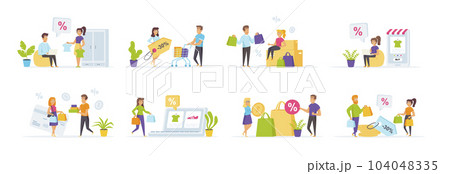 Seasonal shopping set with people characters in various scenes and situations. People carrying shopping bags with purchases. Bundle of retail discount, promotion and online shopping in flat style. 104048335