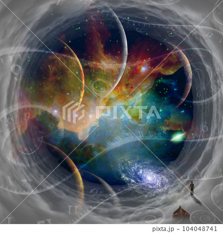 Man in cloudy space tunnel Man in cloudy space tunnel 104048741