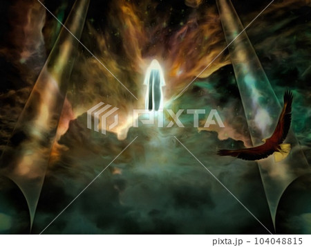 Soul. Figure of man in shining cloak in the sky 104048815