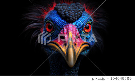 Portrait of a large forest bird with a large beak and a red-blue Cassowary head Portrait of a large forest bird with a large beak and a red-blue Cassowary head 104049509