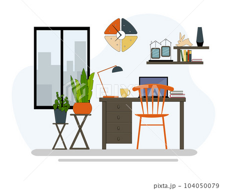 Workplace interior. Desk with drawers, table lamp, laptop and books. Workplace interior. Desk with drawers, table lamp, laptop and books. 104050079