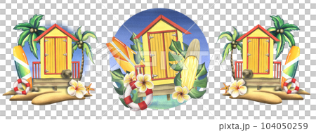 Beach cabin yellow with surfboards, tropical leaves and flowers with a lifebuoy. Watercolor illustration, hand drawn. Summer, beach set isolated compositions on a white background 104050259