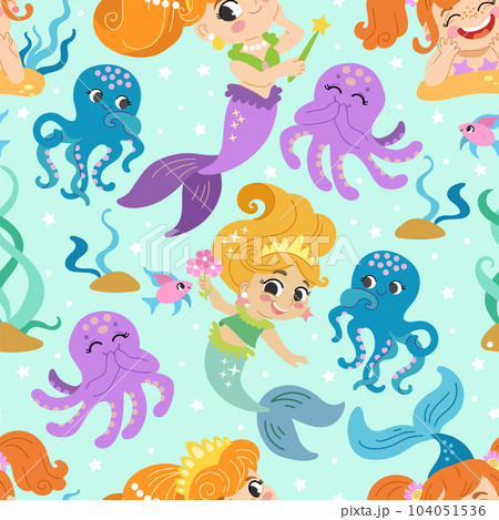 Seamless pattern with joyful mermaids and octopus 104051536
