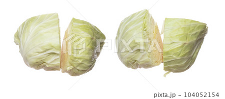 Cabbage fly in mid air, green fresh vegetable cabbage cut chop half quarter head. Organic fresh vegetable with eaten leaf of cabbage falling, close up texture. White background isolated freeze motion Cabbage fly in mid air, green fresh vegetable cabbage cut chop half quarter head. Organic fresh vegetable with eaten leaf of cabbage falling, close up texture. White background isolated freeze motion 104052154