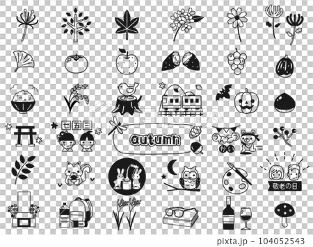 ハロウィンや金木犀など秋の行事や素材のイラストのセット　モノクロバージョン 104052543