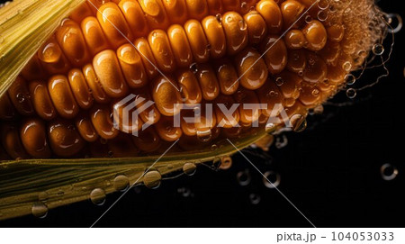ripe golden corn cob with large drops of water on a dark background 104053033