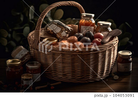 Products in a wicker basket including vegetables, fruits, bakery and wine  104053091