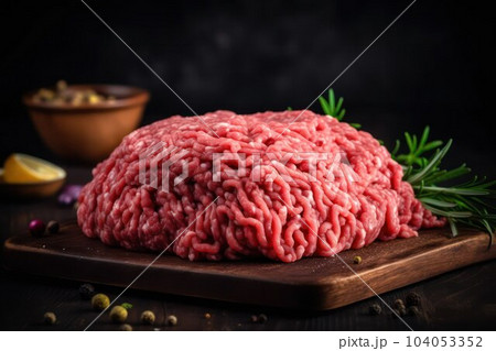 food background. Raw ground beef ready to be cooked on a wooden board with herbs food background. Raw ground beef ready to be cooked on a wooden board with herbs 104053352
