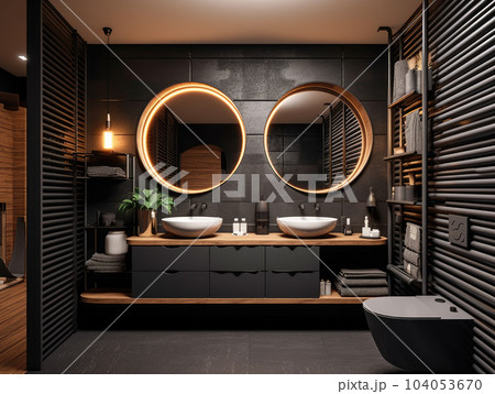 Realistic interior mockup bathroom ceramic sink basin or wash basin with mirror and faucet. modern minimal design. Generative AI Realistic interior mockup bathroom ceramic sink basin or wash basin with mirror and faucet. modern minimal design. Generative AI 104053670