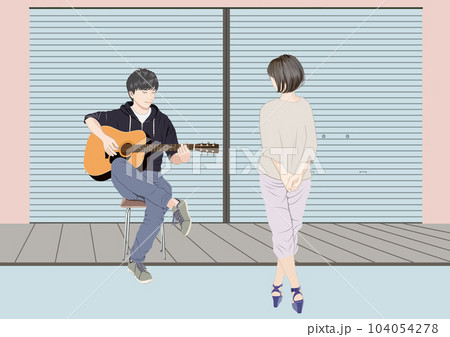 路上でギターを弾く男性、聴く女性イラスト 路上でギターを弾く男性、聴く女性イラスト 104054278