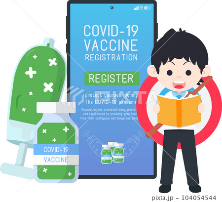 Business Man reading a guide on how to Register for the Coronavirus Vaccine 104054544