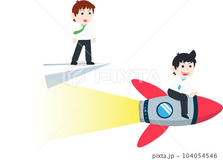Business man sitting on Rocket Overtaken a competitor Standing on Paper Plane 104054546