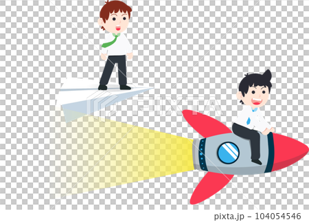 Business man sitting on Rocket Overtaken a competitor Standing on Paper Plane 104054546