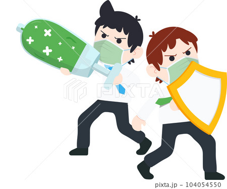 Business man with a Vaccine Syringe and Colleague with a Protective Shield help each other 104054550