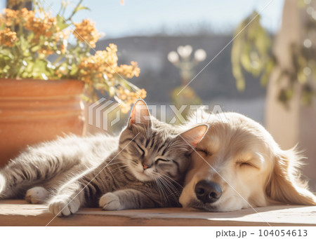 日向ぼっこをしながらお昼寝をする、仲良しの犬と猫のリアルイラスト 日向ぼっこをしながらお昼寝をする、仲良しの犬と猫のリアルイラスト 104054613