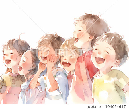 元気に声援を送る笑顔の子どもたち 水彩画風のイラスト素材 [104054617