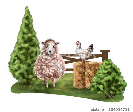 A composition of brown sheep and chicken on a...のイラスト素材