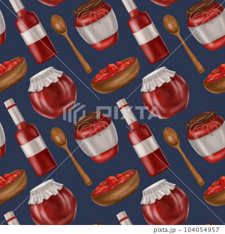 Seamless pattern with canned tomato sauce in glass jars and wooden dishes. Background for textiles, fabrics, banners, wrapping paper and other designs. Seamless pattern with canned tomato sauce in glass jars and wooden dishes. Background for textiles, fabrics, banners, wrapping paper and other designs. 104054957