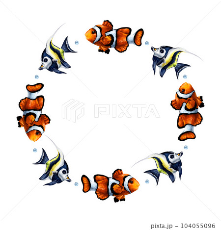 Round frame composition with underwater world and tropical fish Clown and Moorish idol. Digital illustration on a white background. For printing, stickers, posters, postcards, prints. 104055096