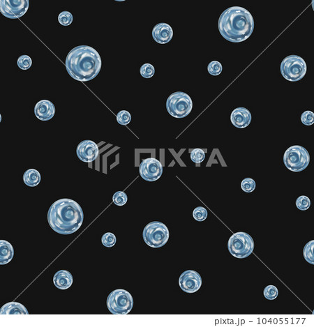 Seamless pattern with round transparent clear water bubbles. Drops of seawater, aquarium, ocean, marine underwater life. Illustration for textiles, fabrics, banners, wrapping paper, wallpaper. 104055177