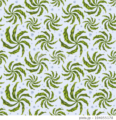 Seamless pattern with thickets of bright green seaweed and water bubbles. Background for textiles, fabrics, banners, wrapping paper, wallpaper and other designs. Seamless pattern with thickets of bright green seaweed and water bubbles. Background for textiles, fabrics, banners, wrapping paper, wallpaper and other designs. 104055178