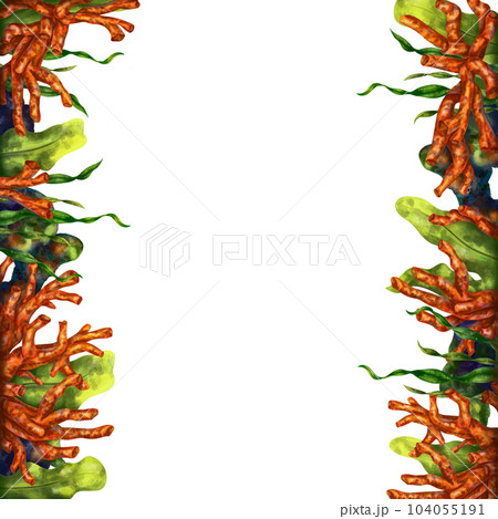 Square marine frame made of tropical fish, corals, algae, stones. Underwater world, digital illustration on a white background. For design, packaging, printing, posters, postcards, textile souvenirs. 104055191
