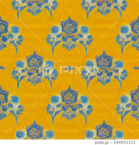 Yellow and azure floral seamless pattern with texture of Persian wool carpet 104055313