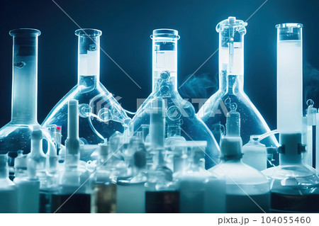 3D-image of glass flasks with evaporating liquids on the chemical laboratory table 3D-image of glass flasks with evaporating liquids on the chemical laboratory table 104055460