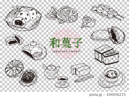 Various Japanese sweets hand drawn set 1 104056255
