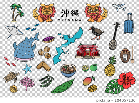 Illustration set of Okinawa hand-drawn line... - Stock Illustration ...