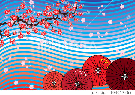 Red cherry blossoms on branch and umbrellas on a blue line background with scattered flowers. Red cherry blossoms on branch and umbrellas on a blue line background with scattered flowers. 104057265