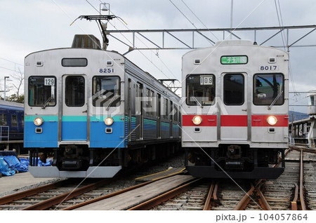 車両基地に停車する伊豆急行8000系(二子玉川園表示) 車両基地に停車する伊豆急行8000系(二子玉川園表示) 104057864