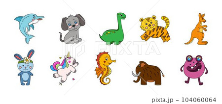Animals Cute Doodle Set Vector Color Illustration Isolated on White Background Animals Cute Doodle Set Vector Color Illustration Isolated on White Background 104060064