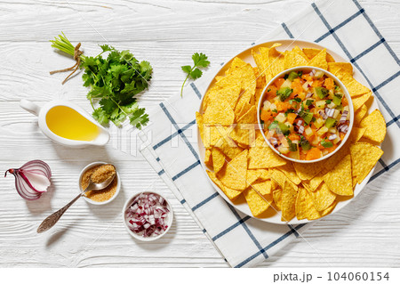 summer fruit salsa with tortilla chips on plate 104060154