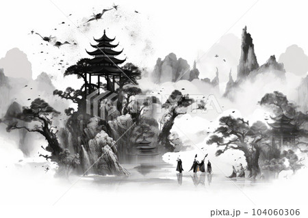 岩山と寺院の水墨画のイラスト素材 [104060306] - PIXTA