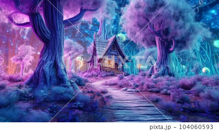 Fabulous neon forest with beautiful unusual houses for gnomes and a forest path, fantasy, children's dreams 104060593