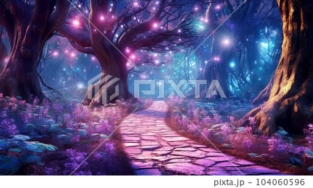 Fabulous neon forest with beautiful unusual houses for gnomes and a forest path, fantasy, children's dreams 104060596