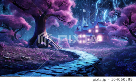 Fabulous neon forest with beautiful unusual houses for gnomes and a forest path, fantasy, children's dreams 104060599