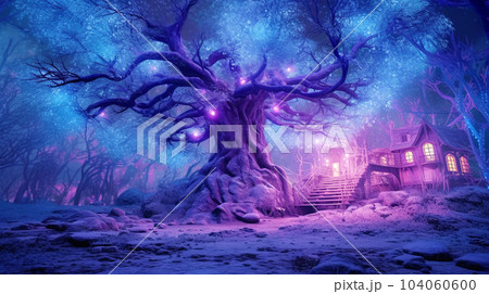 Fabulous neon forest with beautiful unusual houses for gnomes and a forest path, fantasy, children's dreams 104060600
