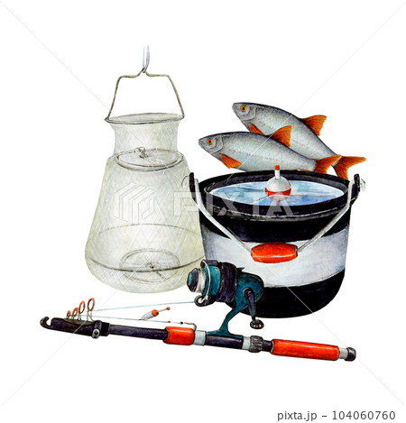 Watercolor drawing set of fishing bucket, black and white with red handle. Full of water and with a bobbler in it and two fish, spinning rod with fishing line and kukan net. For logo, stickers, cards 104060760
