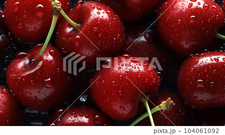 Fresh cherry with water droplets, for posters, backgrounds, rustic farms, healthy food 104061092